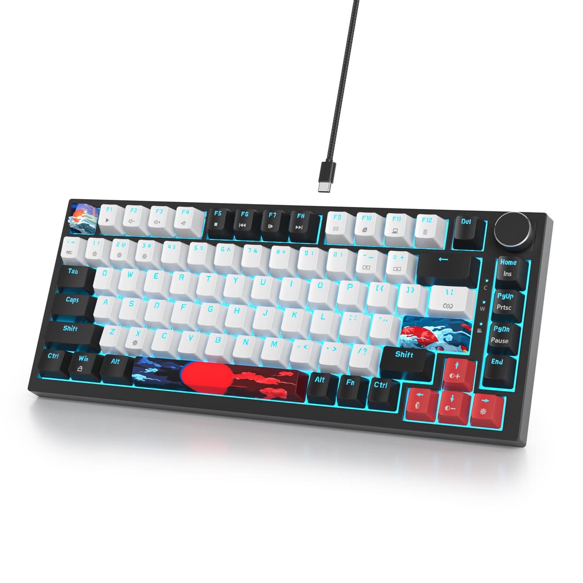 Solidee - Teclado mecánico con cable 75% intercambiable a caliente,Teclado retroiluminado RGB con interruptor rojo,TKL 82 teclas,Teclado compacto NKRO con botón de control de volumen (82 Black_White)