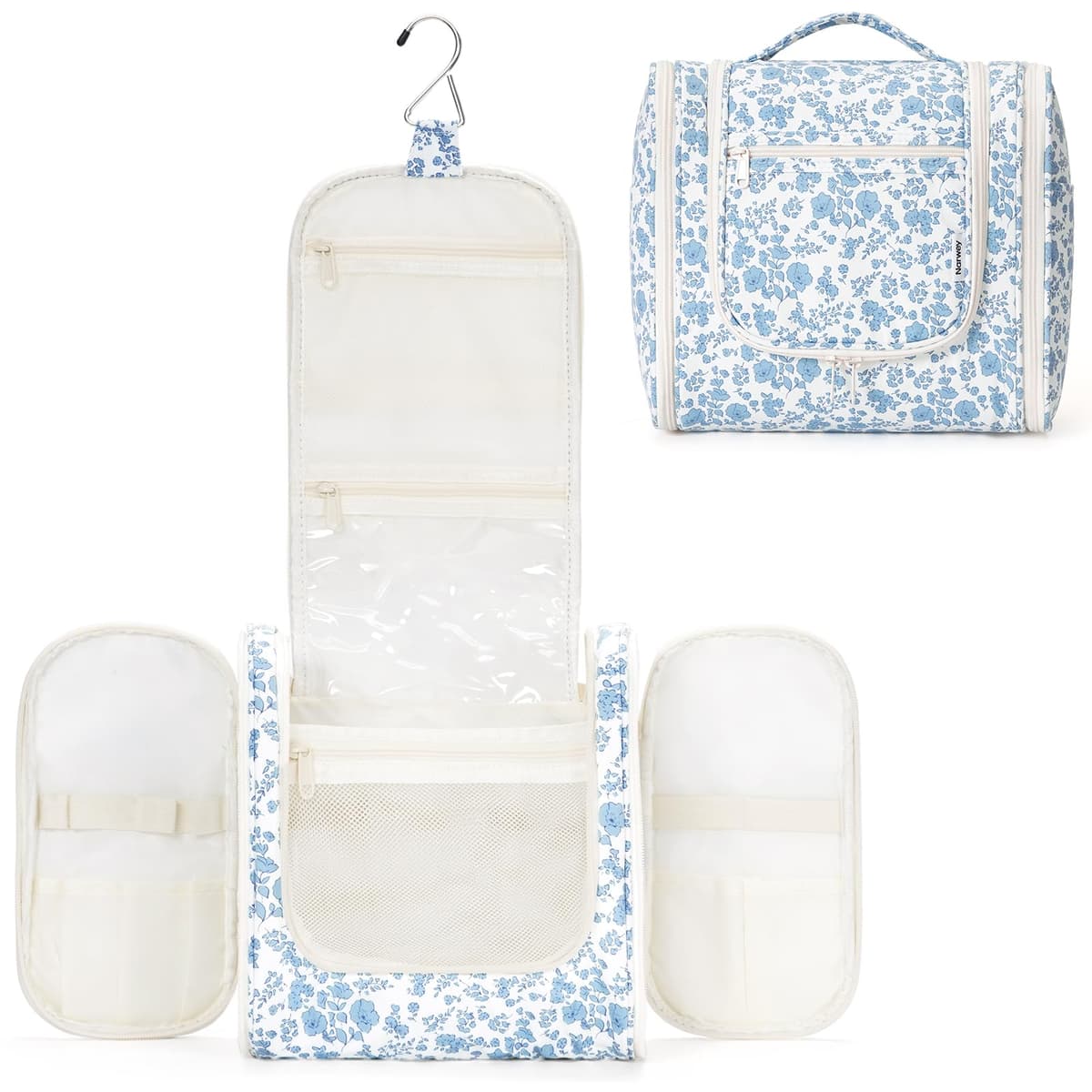 Narwey Hanging Toiletry Bag for Women Travel Makeup Bag Organizer Toiletries Bag for Cosmetics Essentials Accessories (Large, Little Blue Flower)