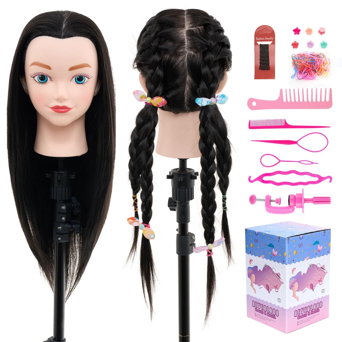 Neverland de 20 pulgadas Cabeza de peluquería 100% de fibra sintética Muñeca peluqueria Cabeza de entrenamiento Cabeza de Muñeca Cabeza peluqueria Cabeza de Maniqui con Soporte& DIY Hair Styling Tools