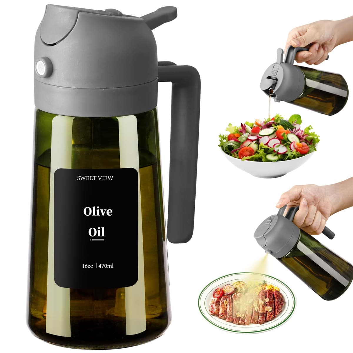 SWEET VIEW Dispensador de aceite de oliva y pulverizador de aceite, vertedor de aceite de vidrio a prueba de luz de 470 ml para cocina, freidora de aire, cocina, ensalada y barbacoa