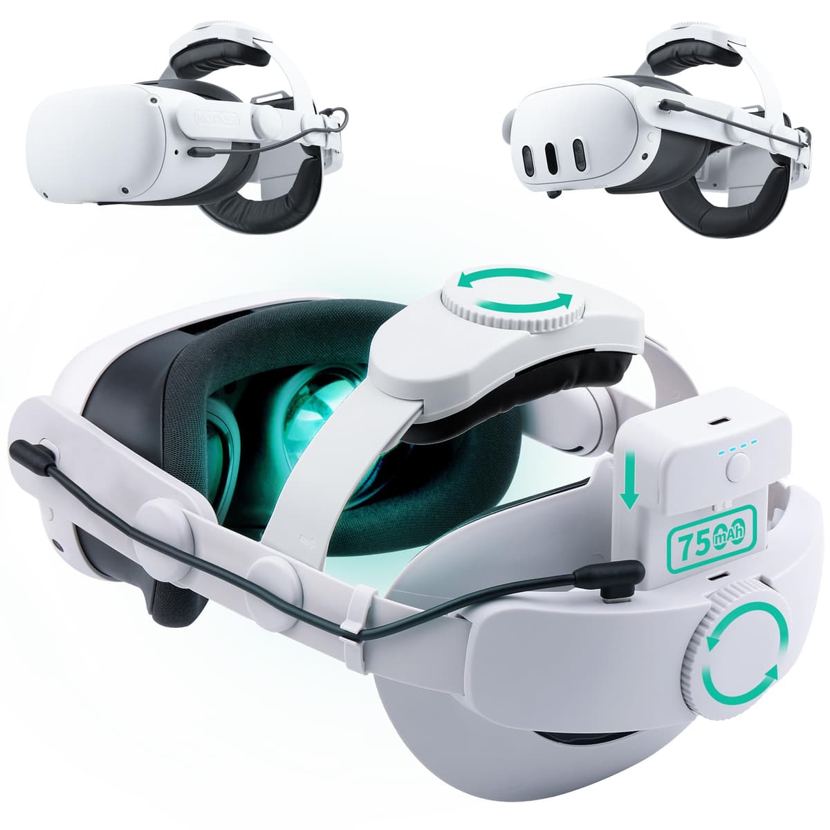 Noiposi Battery Head Strap 7500mAh for Meta Quest 3S/3/Quest 2,Double Knobs Adjustable Elite Strap Replacement,VR Accessories Strap Enhanced Support & Comfort & Reduce Pressure Extend Playtime
