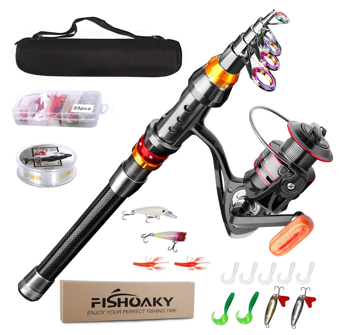 FishOaky Juego de caña de Pescar, caña de Pescar telescópica de Fibra de Carbono y Carrete con Carrete de Cebo de línea, Carrete de Carrete para Adultos, Viajes, Agua Salada y Agua Dulce