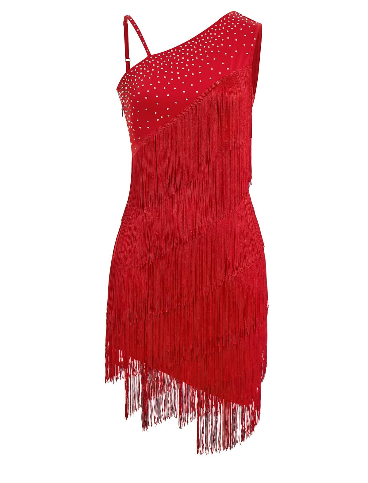 EFOGEP Vestido de baile latino asimétrico con flecos de diamantes de imitación de un hombro para mujer, vestido de baile latino de los años 20, con lentejuelas, borlas, vestido de salsa, cha-cha