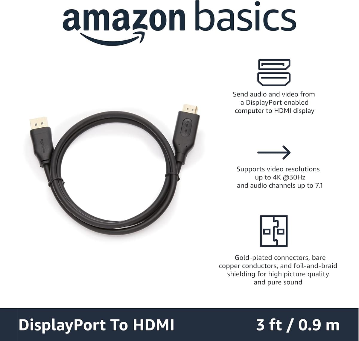 Amazon Basics DisplayPort to HDMI Cable, Uni-Directional, Gold-Plated, Video and Audio, 3 Foot, Black