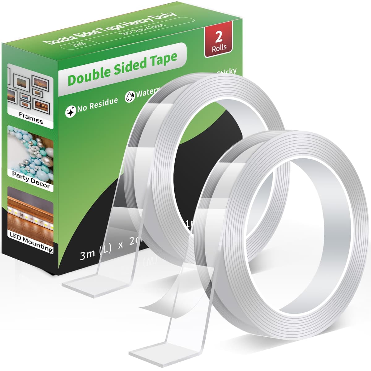 Euqvunn Cinta Doble Cara Extra Fuerte, Removible y Lavable, Cinta Adhesiva Nano Transparente, para Pósters/Colgar en la Pared/Alfombras, 2 Rollos (3,0 M × 2,0 cm × 1 mm)