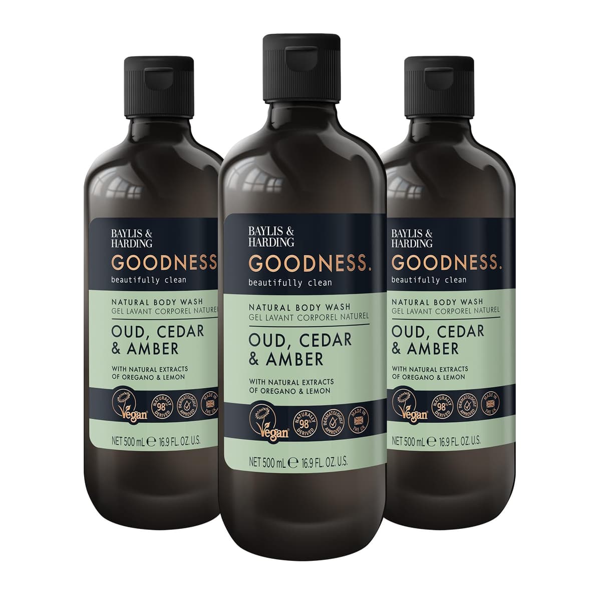 Baylis & Harding Goodness Oud, Cedar and Amber Body Wash, 500 ml (Pack of 3) - Vegan Friendly