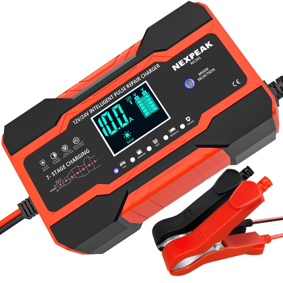 10-Amp Car Battery Charger, 12V and 24V Smart Fully Automatic Battery Charger with Temperature Compensation for Car Truck Motorcycle Marine Lead Acid Batteries