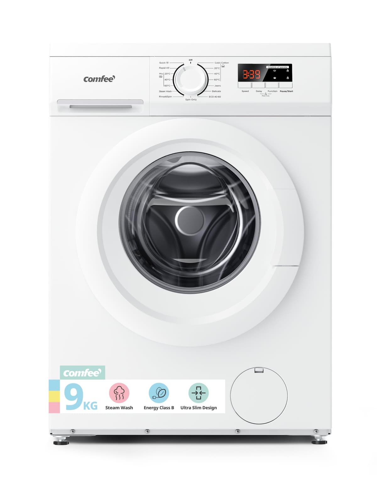 COMFEE' Freestanding Washing Machine,9KG Load,1400RPM,Steam Wash,Slim Design,Quick Wash,BLDC Durable Inverter Motor,White-CFE12EW90/W