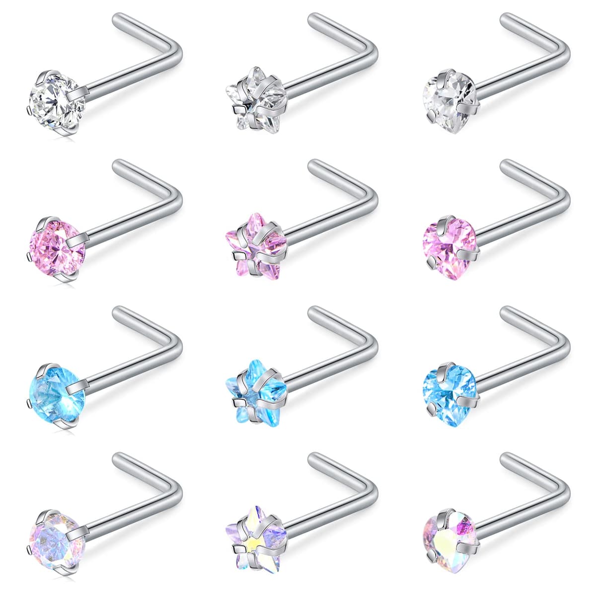 WillTen 20G Nose Studs L Shape Women Nose Studs Colorful Diamond CZ Silver Stainless Steel Heart Start Piercing Jewelry