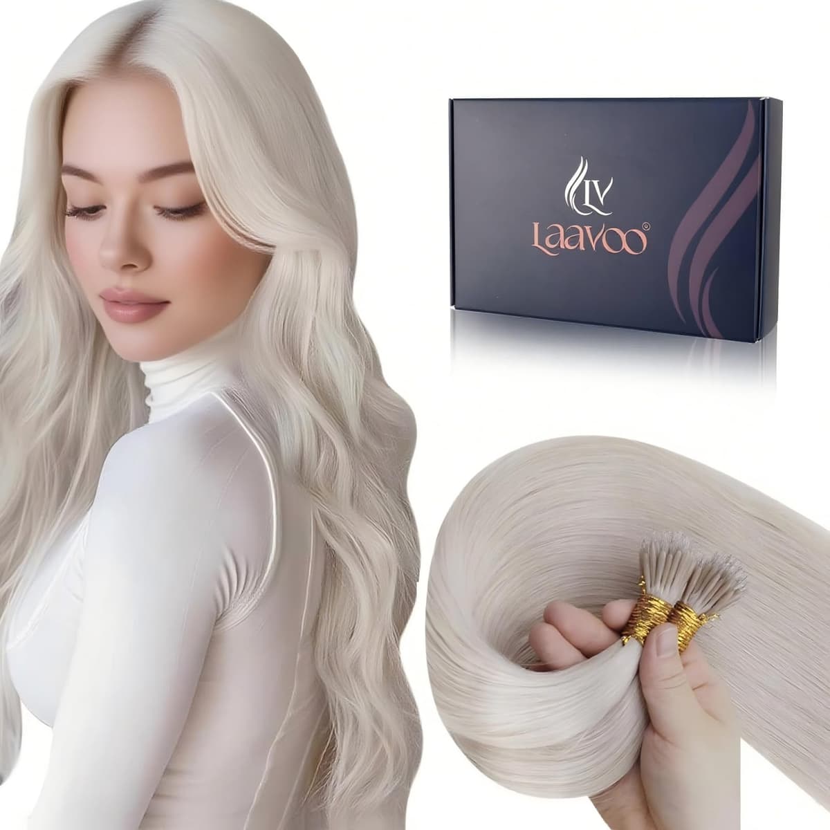 LaaVoo Nano Hair Extensions Real Human Hair Blonde Nano Beads Hair Extensions Platinum Blonde Invisible Nano Ring Straight Remy Hair 50g 50s 14 Inch #60