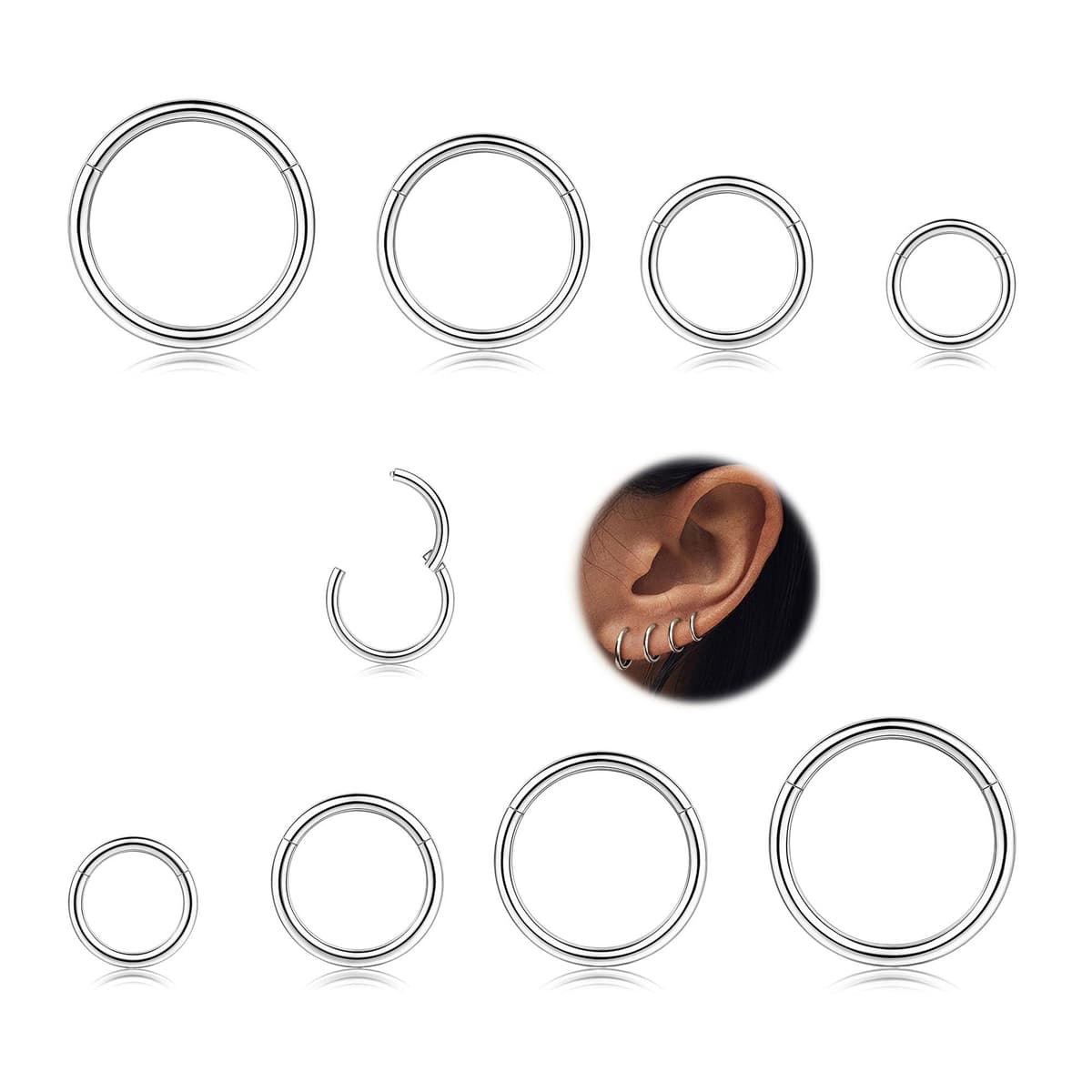 MILACOLATO 8Pcs 16G Surgical Steel Hinged Clicker Segment Nose Rings Hoop Helix Cartilage Daith Ohr Tragus Sleeper Earrings Body Piercing 6-12MM