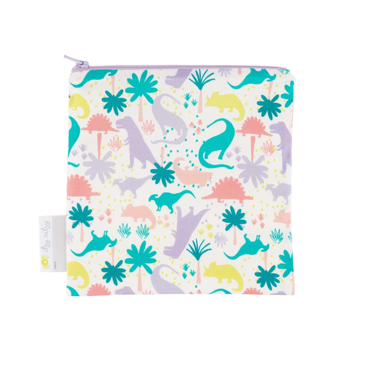 Itzy Ritzy Reusable Snack Bag – 7” x 7” BPA-Free Snack Bag is Food Safe, Washable and Ideal for Storing Snacks, Pacifiers, Electronics and Makeup in a Diaper Bag, Purse or Travel Bag, Purple Dinosaur