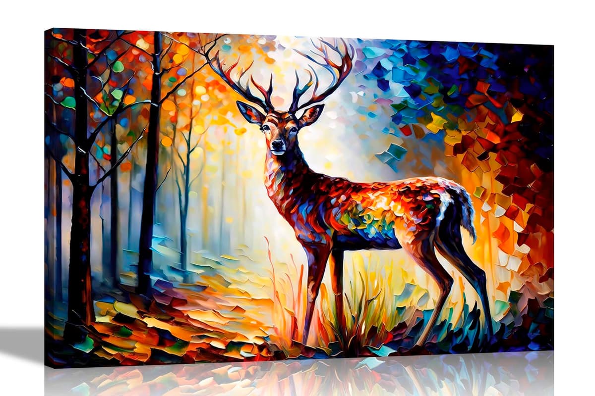 Artley Prints - Majestic Deer in Forest Colourful Canvas Pictures for Walls - Art for Living Room Abstract Animal Artwork Prints, 51 x 35cm (20 x 14 inches)