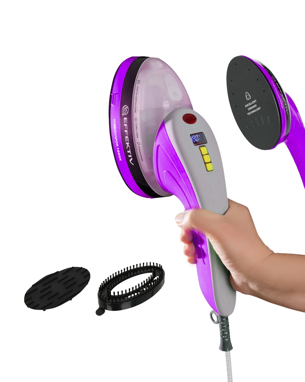 Plancha Vertical Vapor EFFEKTIV, 1800W, 3 en 1 Vapor Vertical Premium, Plancha Ropa con Suela Cerámica, Cepillo de Vapor, Depósito 250ml, Vapor Continuo 750mg/sec, Pantalla led, Autoapagado, Cable 3m
