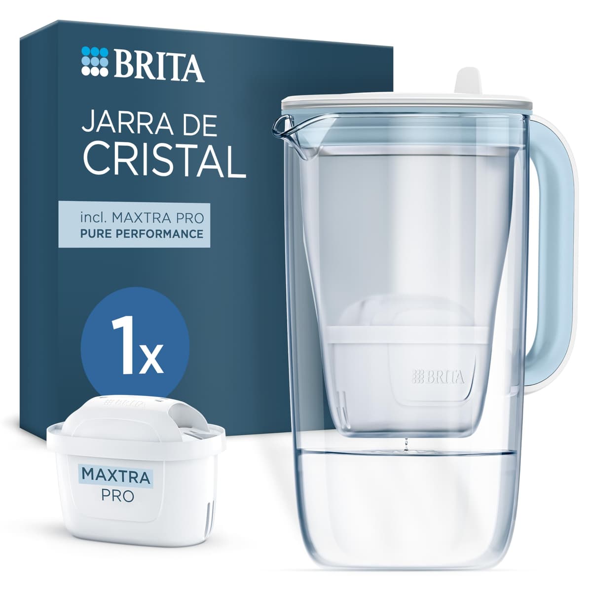 BRITA Jarra de cristal azul (2,5L) incl. 1x filtro MAXTRA PRO All-in-1 Jarra de cristal de diseño premium con tapa abatible de fácil llenado e indicador, que reduce la cal, el cloro y las impurezas