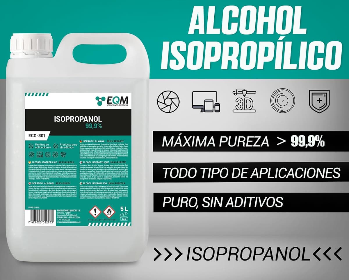EQM - ECO-301 - Alcohol Isopropílico 99,9% - 10L - Isopropanol - Limpieza componentes electrónicos, objetivos y pantallas - L