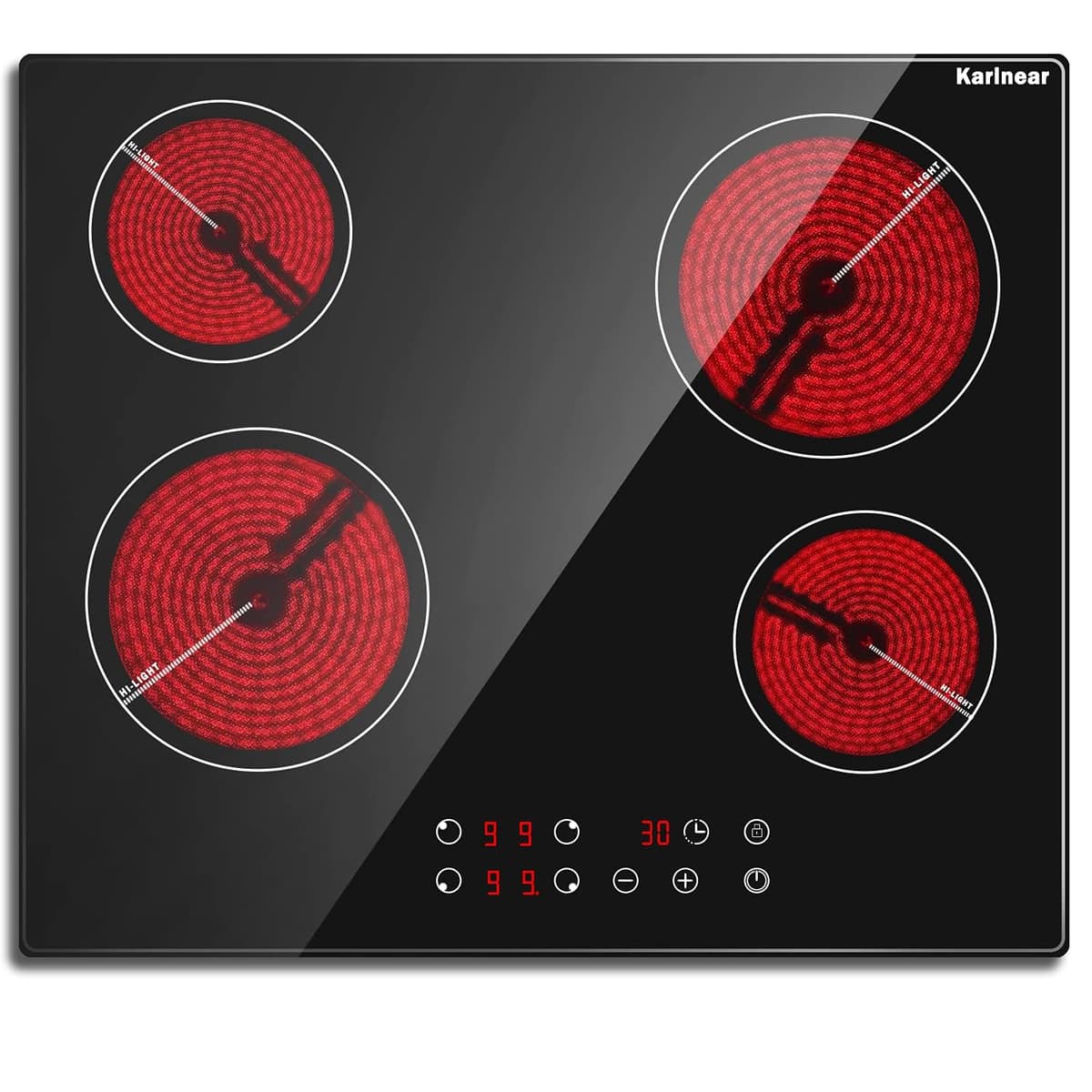 Karinear Ceramic Hob, 60cm Built-in 4 Zones Ceramic Hob with Safe Lock, Timer, Touch Control 6000W, Hard Wired, No Plug Included
