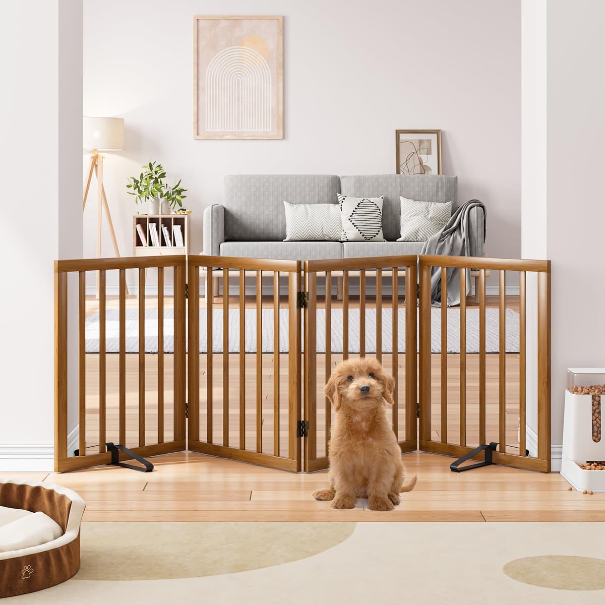 Semiocthome Freestanding Dog Gates and Barriers Indoor Pet Gates for Doorways and Stairs 60cm (H) - 4 Panels Puppy Gate with 2 Metals Stands Adjustable Safety Fence Fit Up to 188cm - Walnut