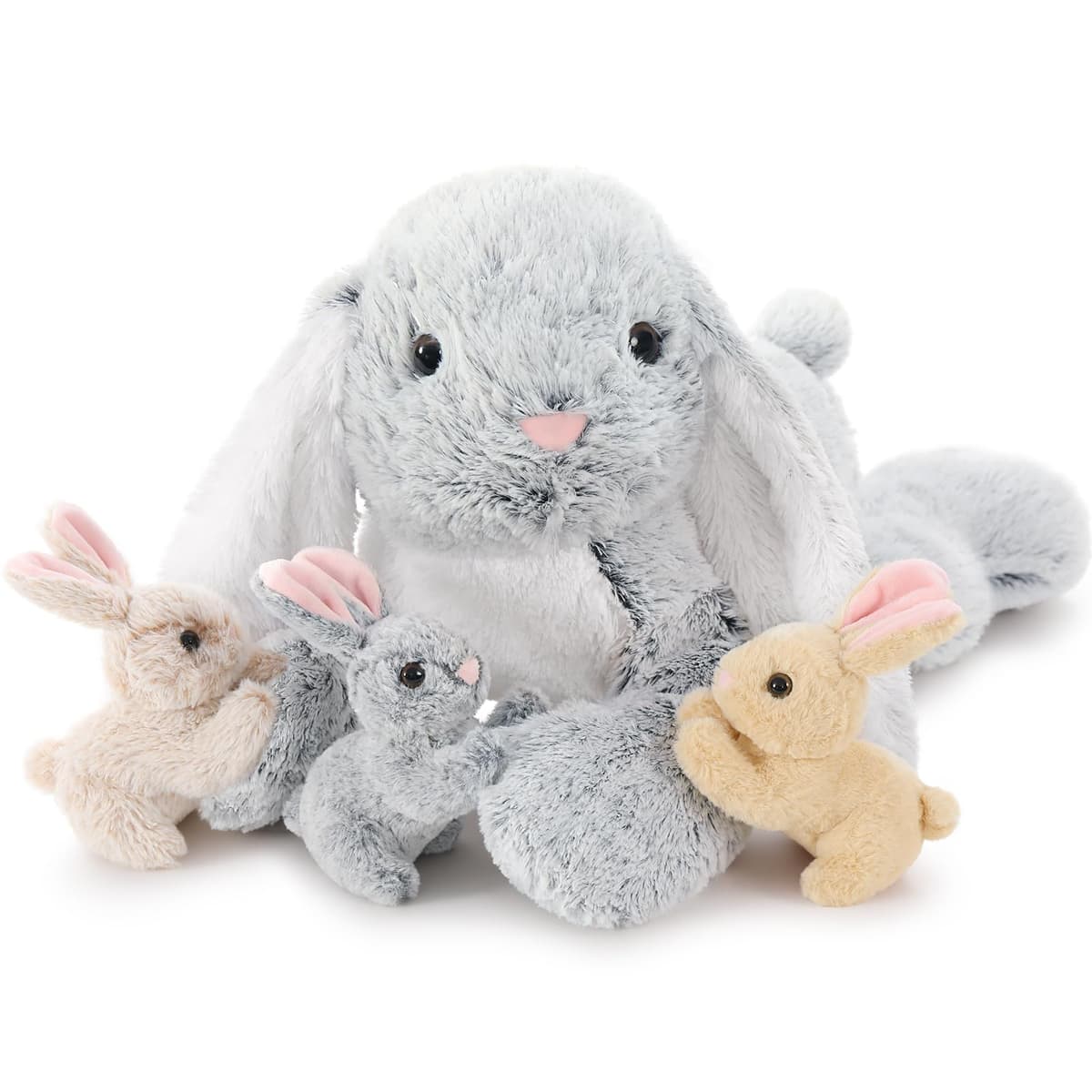 MorisMos Giant Easter Bunny Teddy Soft Toy, 60cm Cuddly Rabbit Teddy with 3 Baby Inside, Big Fluffy Bunny Stuffed Animals Gift for Kids Girlfriend Birthday Easter Decorations