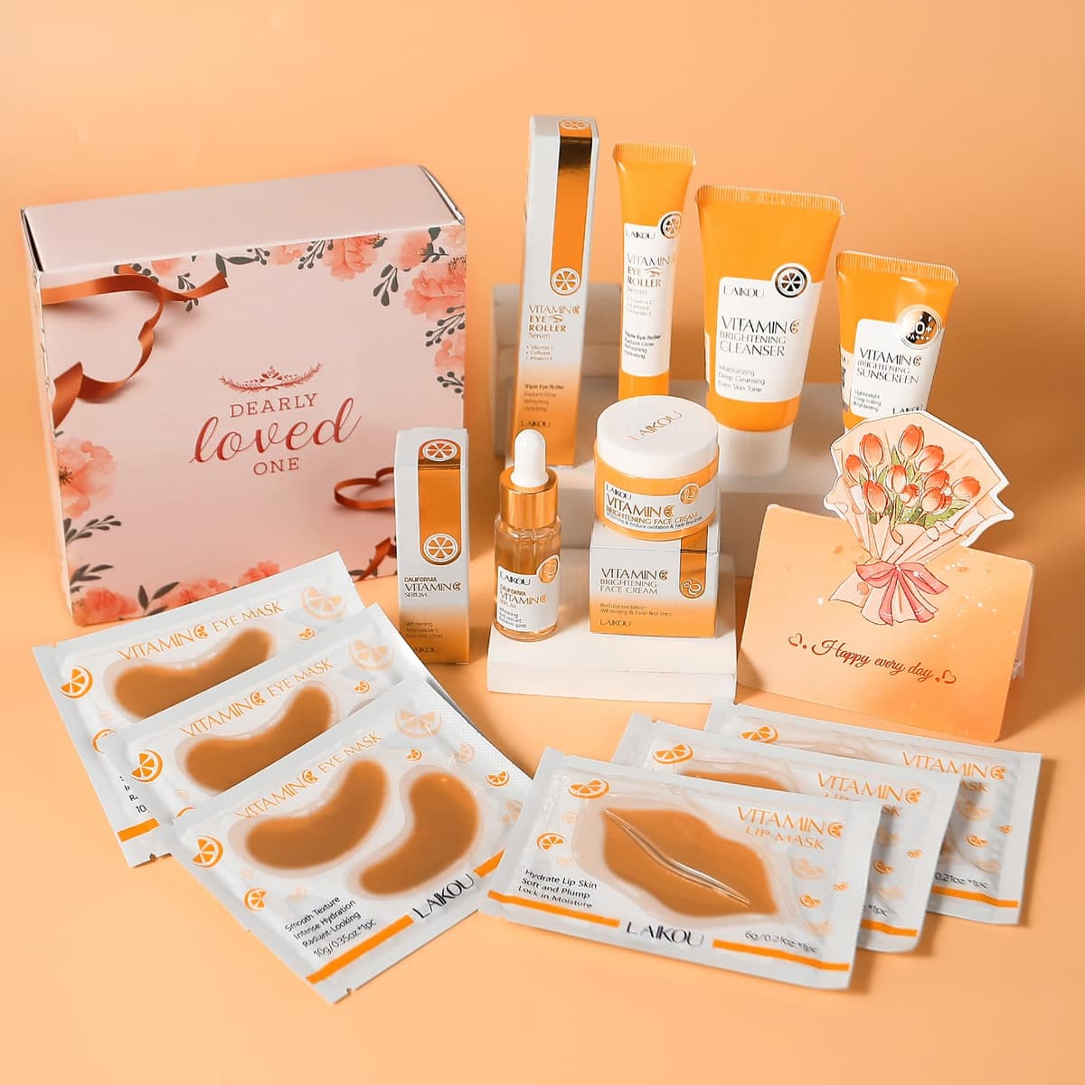 LAIKOU Skin Care Complete Vitamin C Skin Care Kit 12 Pieces with Eye Serum Cream, Facial Cleanser, Lips, Eye Mask, Sun Protection, for Women and