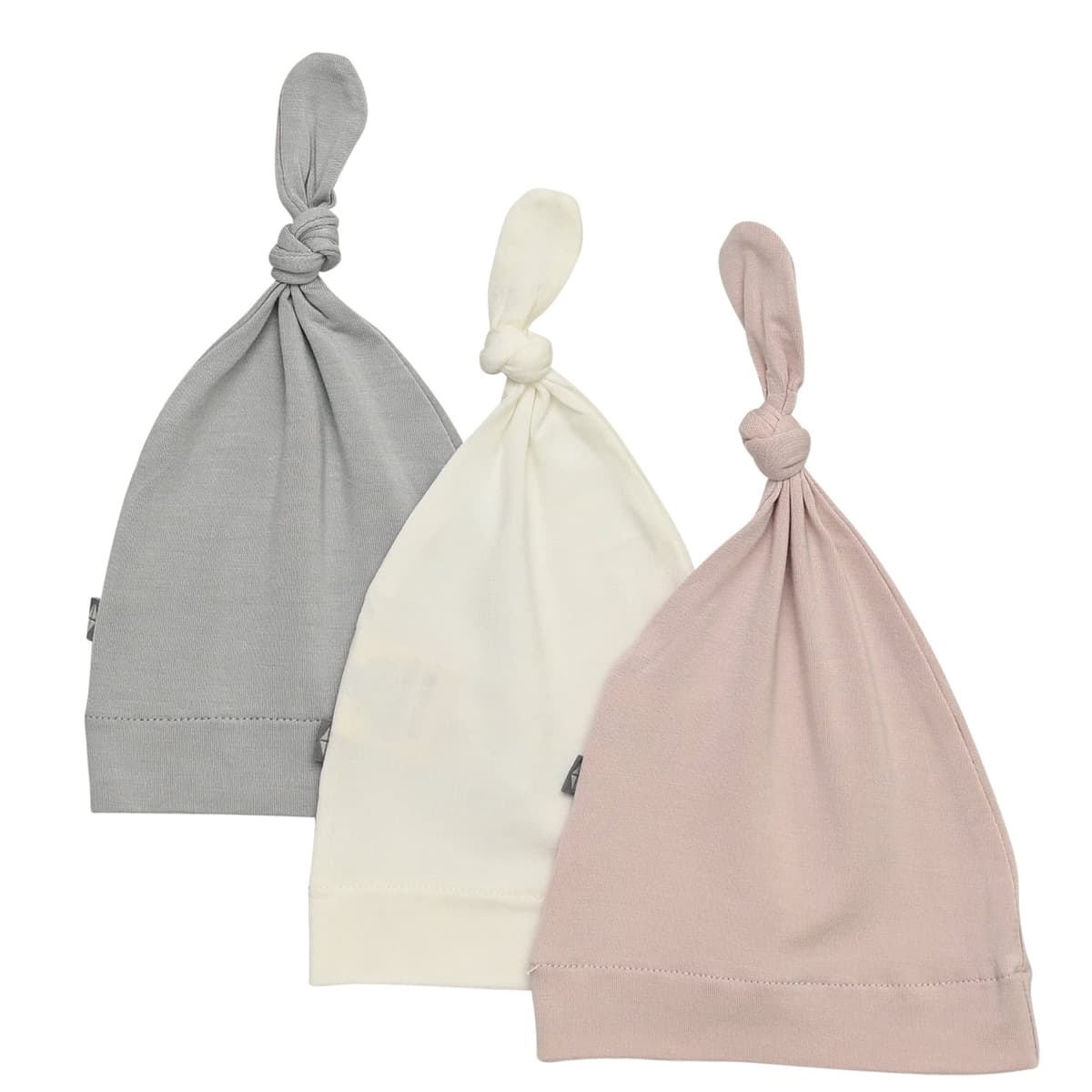 KYTE BABY Bamboo Baby Beanie Hats - Super Soft Knotted Caps Available in Pattern and Solid Colors - 3 Pack, Storm/Blush/Cloud, 12 Months
