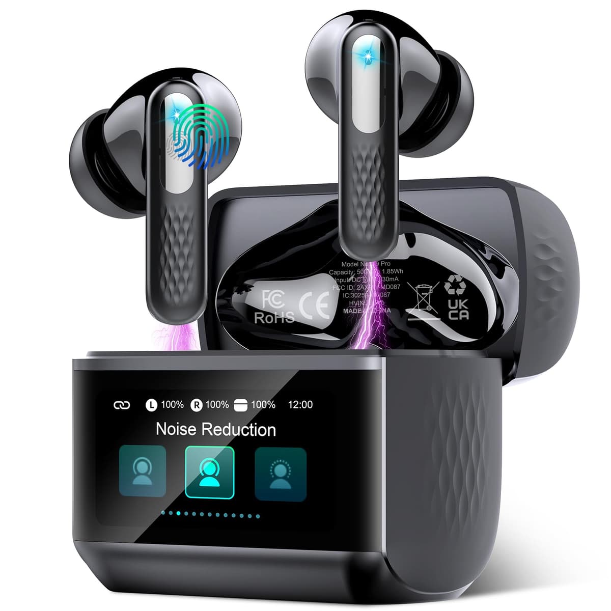 Wireless Headphones with LED Touch Screen, Bluetooth 5.4 HiFi Stereo Headphones with HD Mic, 48H Wireless Headphones with Noise Reduction ANC+ENC, IP7 Waterproof, Glossy Black