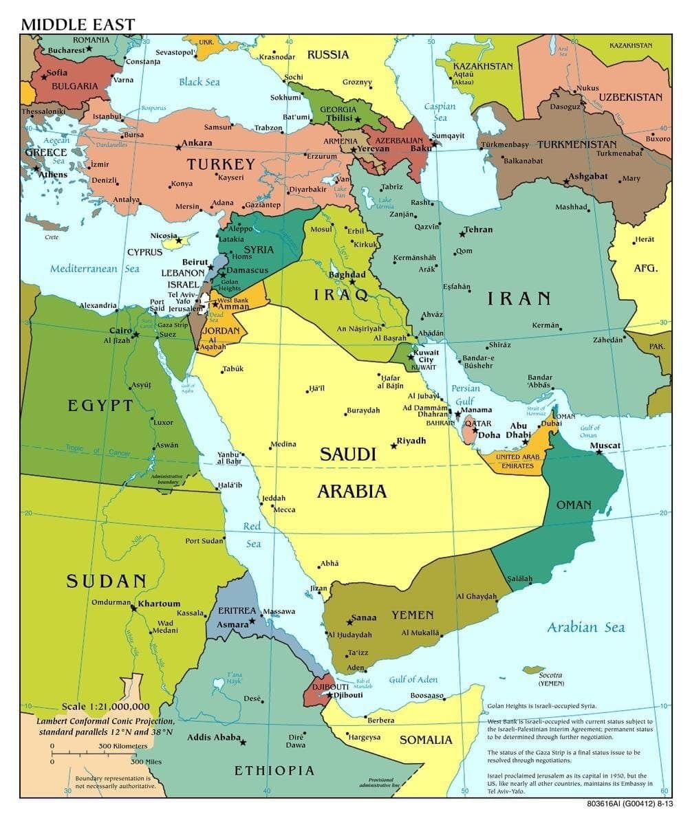 The Middle East Map Poster, Updated Political Geography Chart with Major Cities & Borders, Teaching Aid for Students, Teachers, Researchers(Unframed,12x18inch(30x45cm))