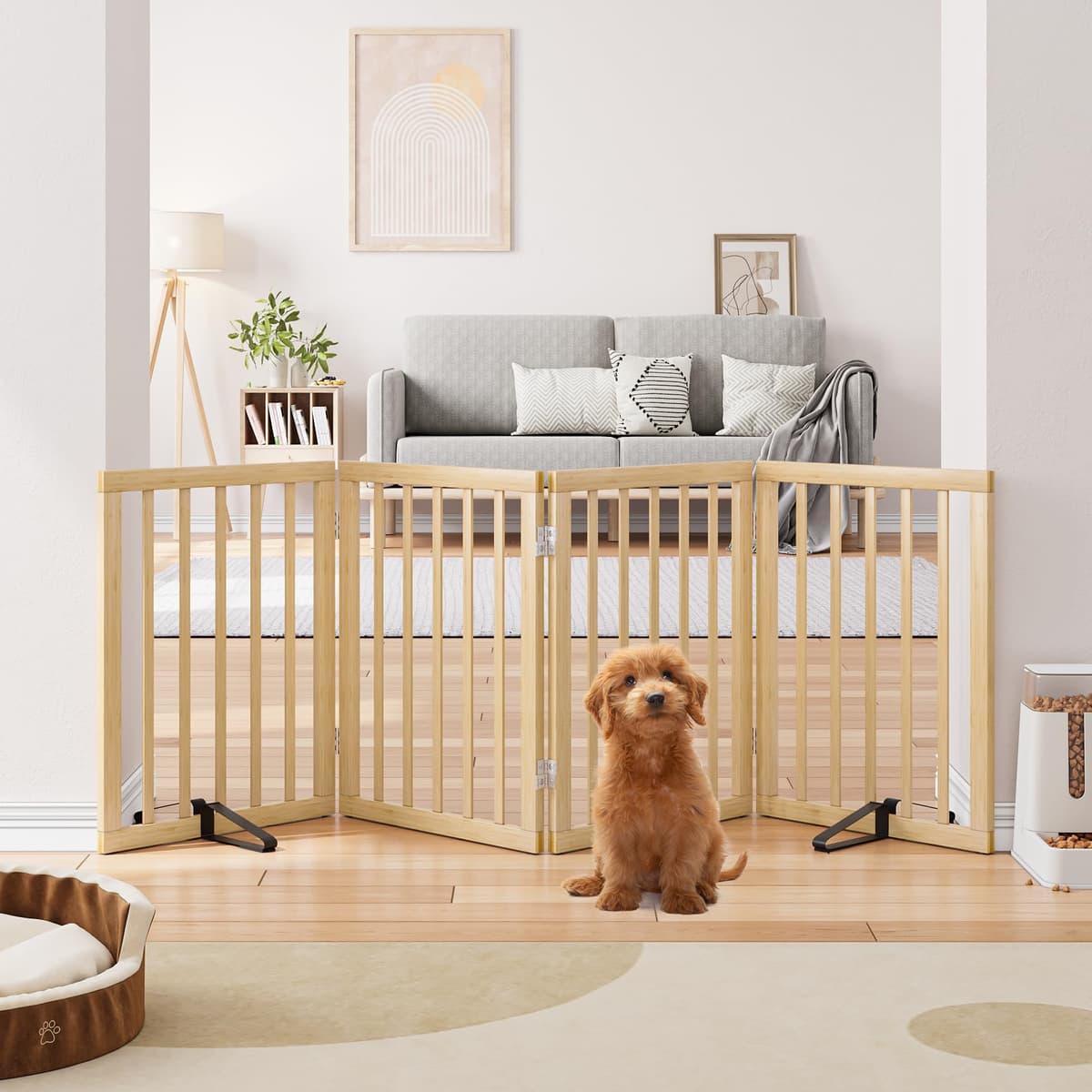 Semiocthome Freestanding Dog Gates and Barriers Indoor, Pet Gates for Doorways and Stairs, 60cm (H) - 4 Panels Puppy Gate with 2 Metals Stands, Adjustable Safety Fence Fit Up to 188cm - Natural