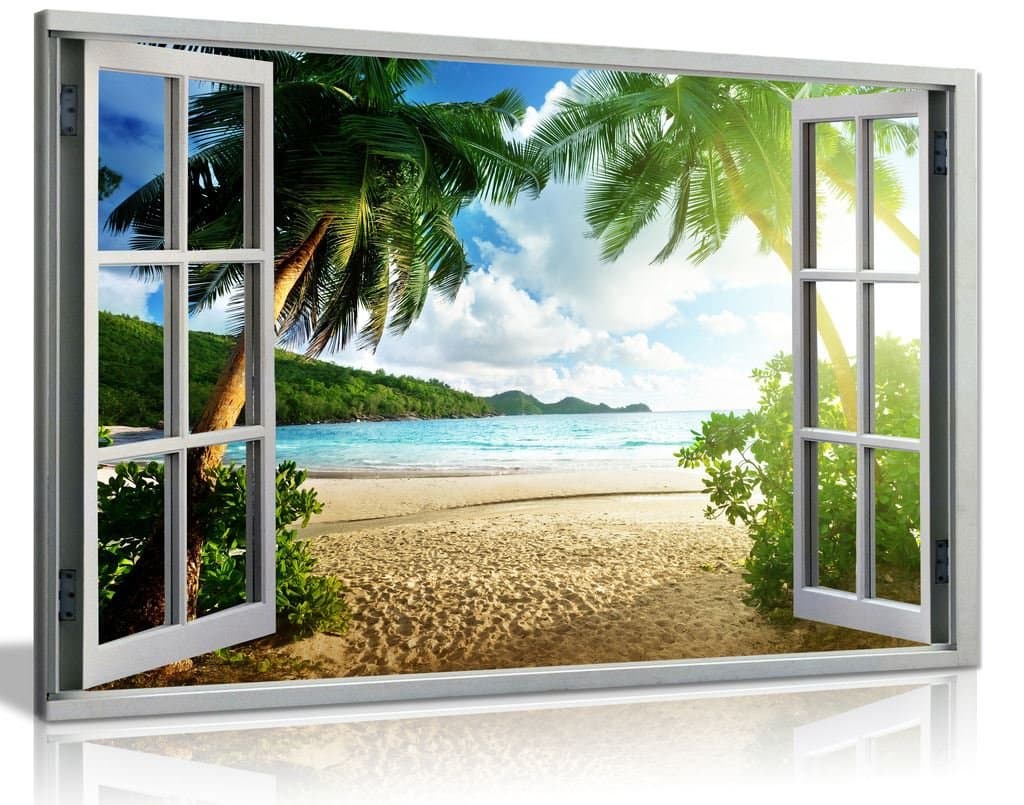 Beach Sunset View 3D Window Effect Canvas Wall Art Picture Print (24X16), Bedroom