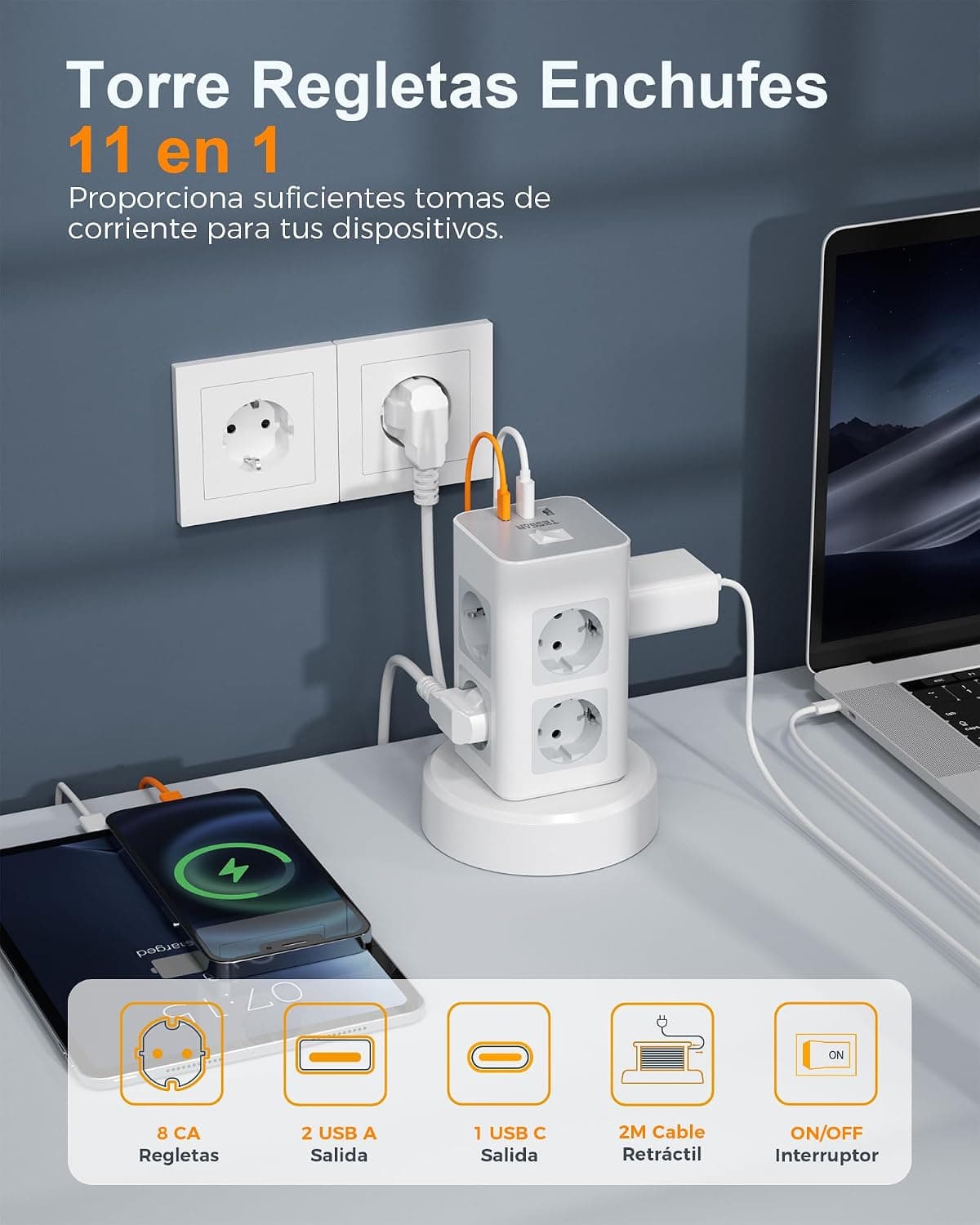 TESSAN Power Strip Sockets with USB C, 11 in 1 Vertical Power Strip with Switch, Tower Extension Plug with Retractable Extens