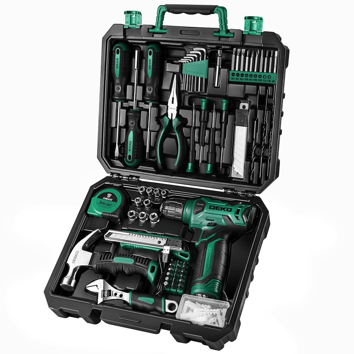 DEKO Caja Herramientas Completa con Destornillador Electrico/Taladro con bateria de 8V, Maletin de 126 Piezas, Caja profesional de herramientas Domésticas de Bricolaje para Oficinas y Jardín,Verde