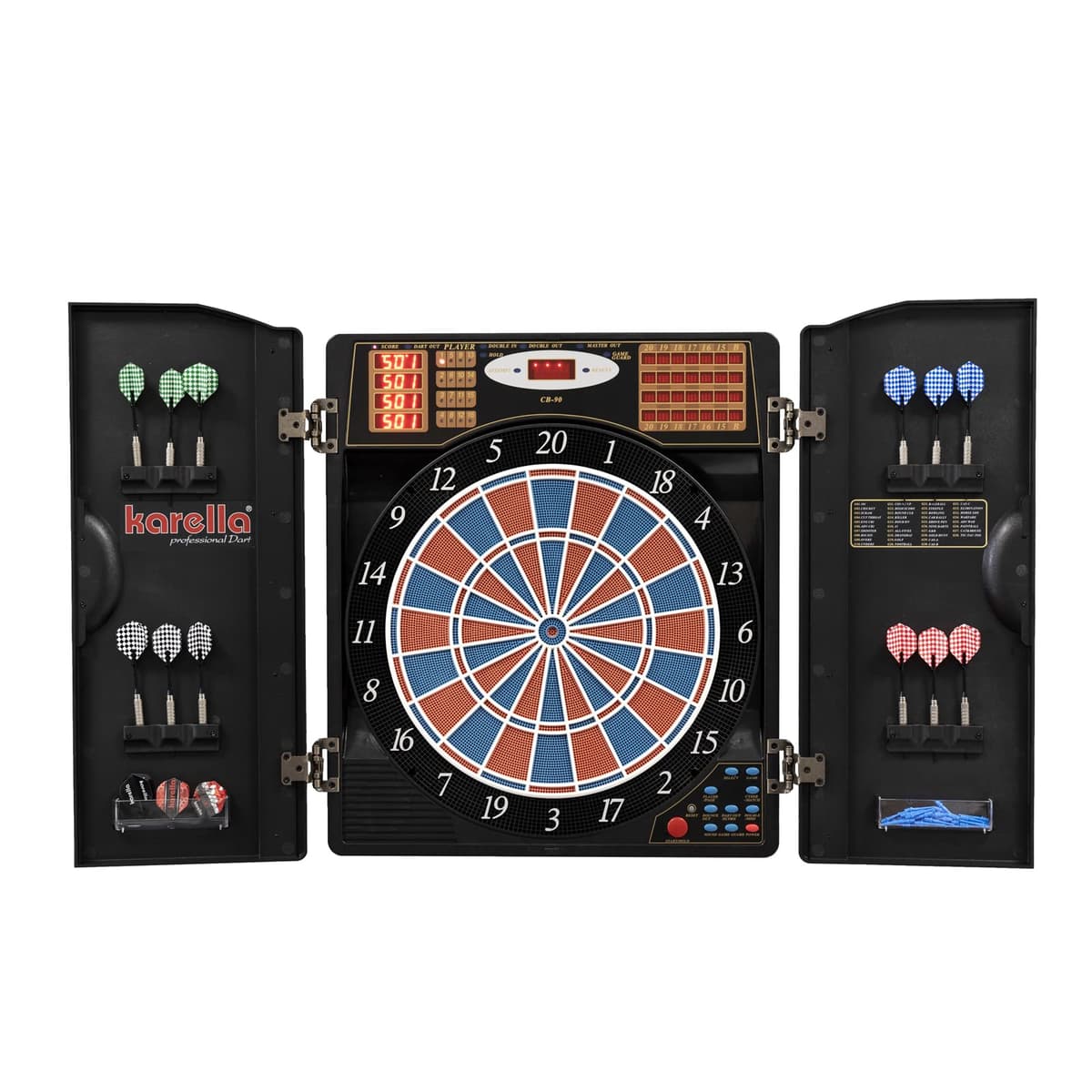 Karella CB-90 - Diana electrónica con 38 Juegos y 211 Variantes, Dimensiones exactas de Torneo en versión de 2 Agujeros, Incluye 12 Dardos Blandos