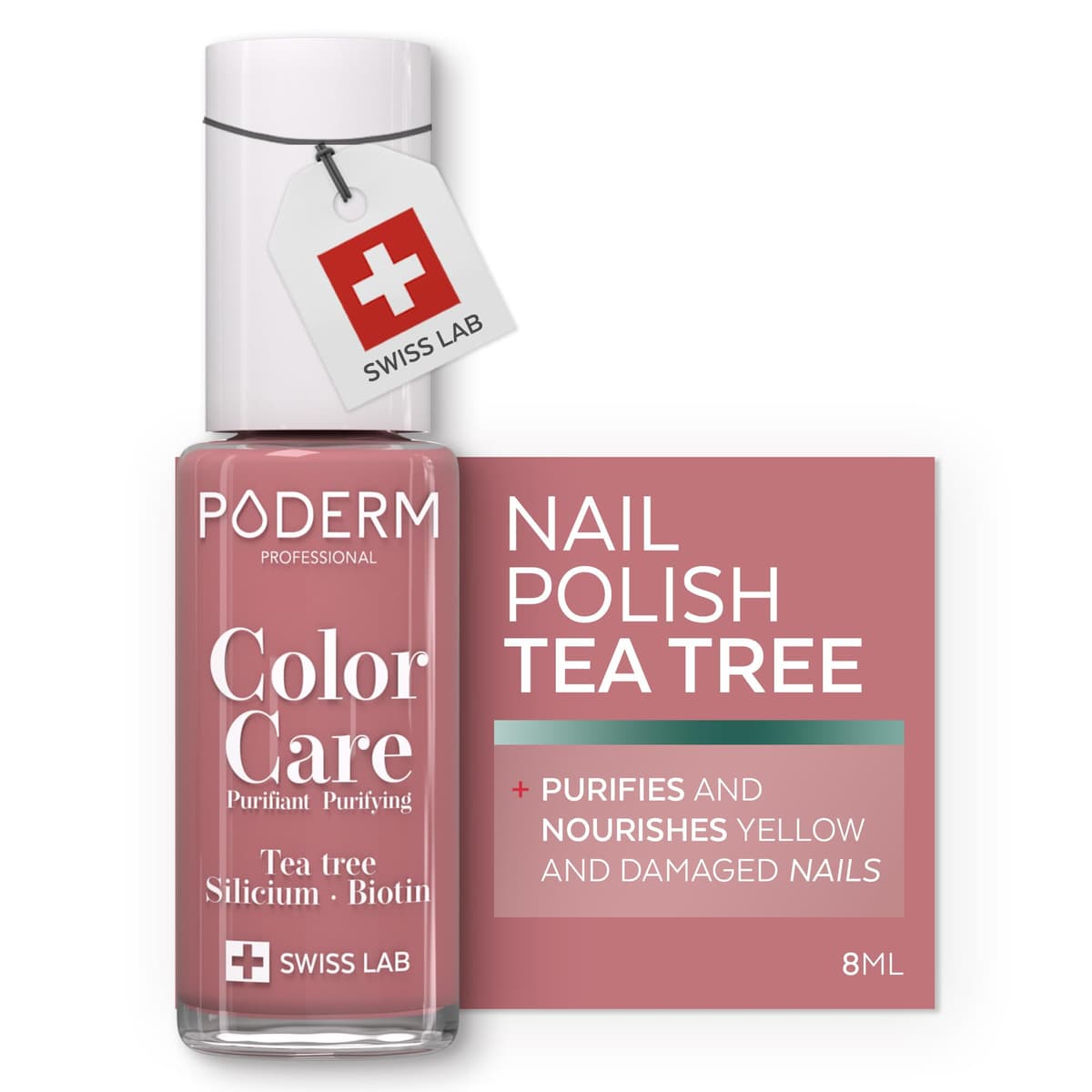 PODERM Nail Care Polish with Tea Tree - Rosewood | Swiss Lab - 8ML | Enriched with Tea Tree, Silicon & Biotin | Purifies, Clarifies & Nourishes Yellow Nails | Created by a Podiatrist