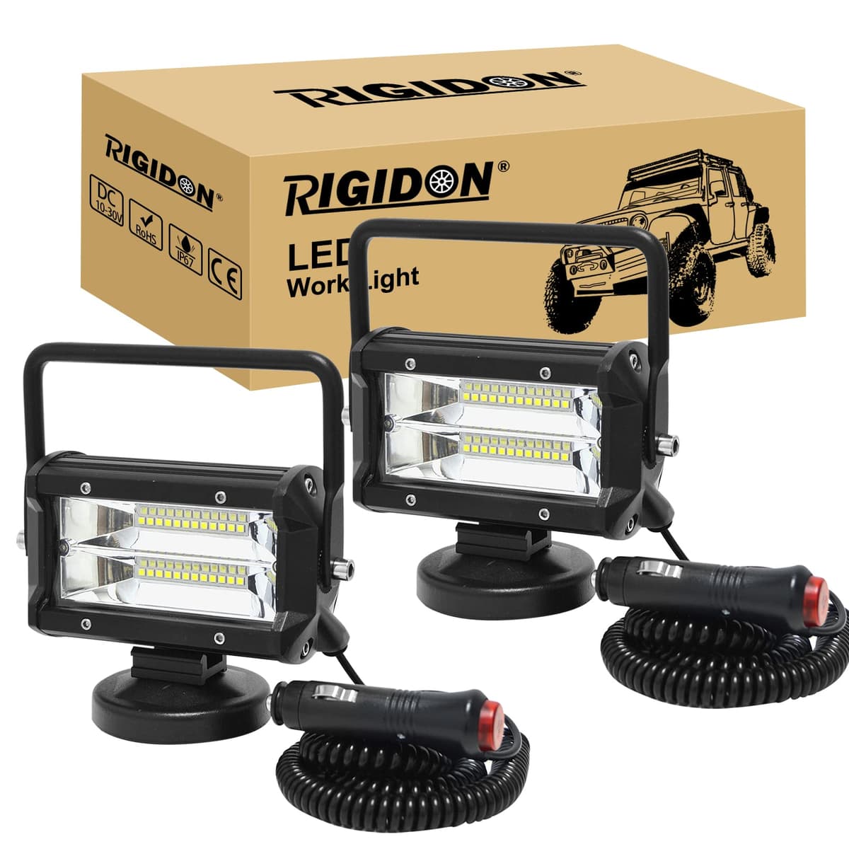 RIGIDON 2 Pcs Lámpara LED Trabajo Portátil, 5 Pulgadas 72W, con Imán para Off Road, Camión, Coche, Todoterreno, SUV, 4x4 Vehículos - 12v 24v, 6000K