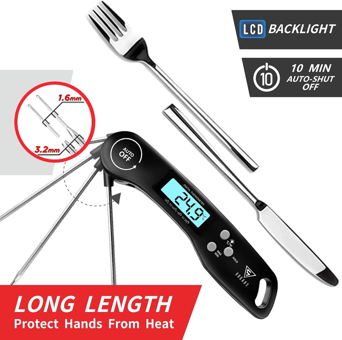 DOQAUS Meat Thermometer, 3s Instant Read Food Thermometer-Backlit LCD, Foldable Probe, Auto On/Off, ±1℃ Accuracy, Food Probe for BBQ Grill, Kitchen Cooking, Milk, Black