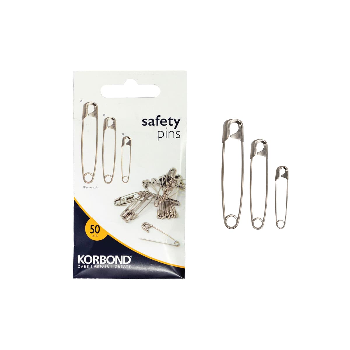 Korbond Silver Safety Pins - 50 Pieces; Professional Grade, Sharp Point, Heavy Duty, Nickel – Crafting, Sewing, Pinning, Fabrics, Saree, Sari; 3 Sizes: Small 20x27mm, Medium 20x38mm, Large 10x45mm