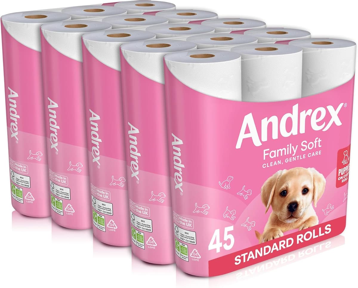 Andrex Family Soft Toilet Roll - 45 Toilet Rolls, 2-Ply, Bulk Buy, Fragrance Free, FSC Certified