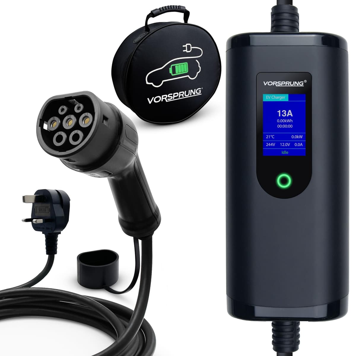 VORSPRUNG® Portable EV Charger Type 2 with 8 Metre 8M Controllable Digital Screen (UK Plug 3 pin), Electric Vehicle Portable Charging Cable Type 2 (type 2 female), 8/10/13A FREE Carry Case (8M)