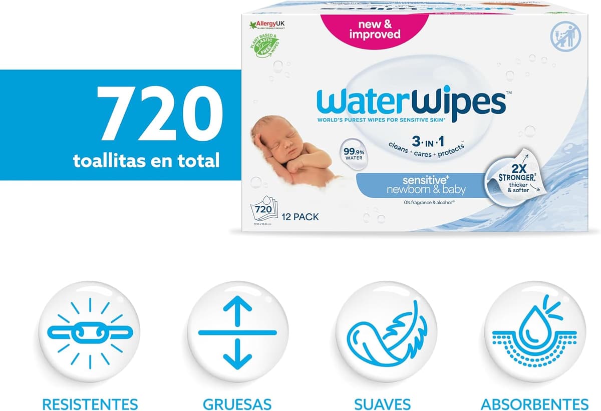 WaterWipes Sensitive+ Newborn & Baby Wipes, 720 Count (12 Packs), 3-In-1 Cleans, Cares, Protects, 99.9% Water, Unscented