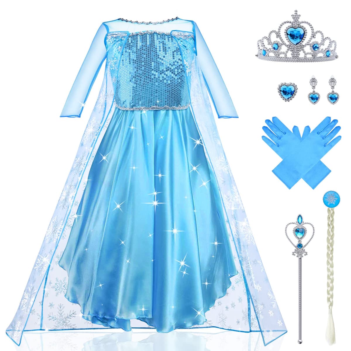 URAQT Vestidos Princesa, Disfraz de Princesa Niña con Accesorios, Traje Princesas Niñas con Capa de Copos de Nieve Brillantes, Disfraz de Halloween para Niña de Cosplay, Cumpleaños, Carnaval