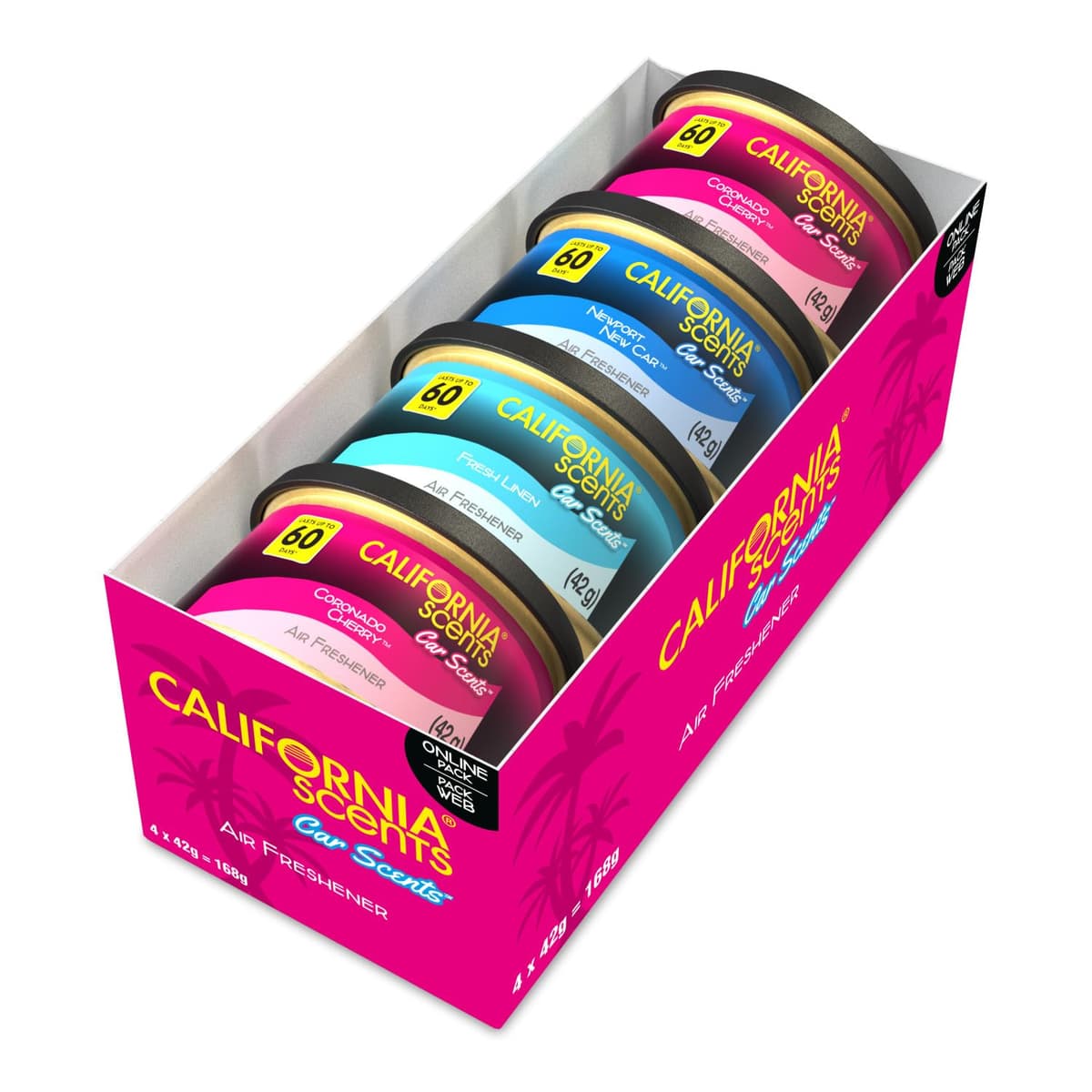 California Scents Car Air Fresheners Can, Assorted Scents (Fresh Linen, Coronado Cherry, Newport New Car), Pack of 4, Strong Adjustable Long-Lasting Fragrance, Eliminates Odour