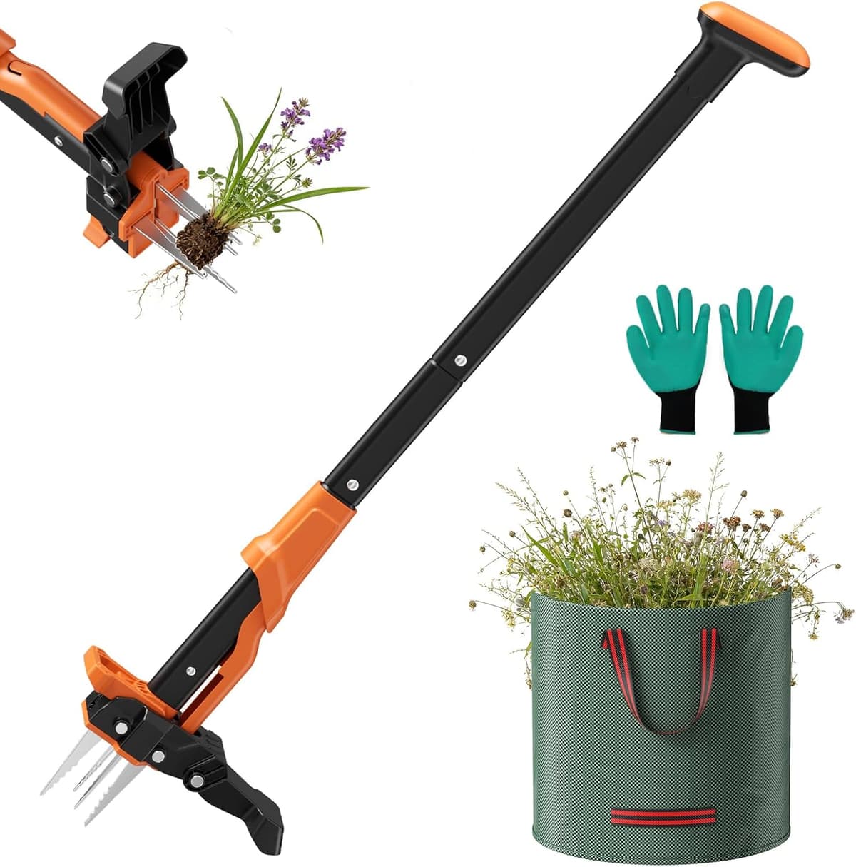 Weed Puller with 60L Garden Bag, Length 100cm, with 4 Strong Claws, Garden Tool for Lawn, Patio, Garden