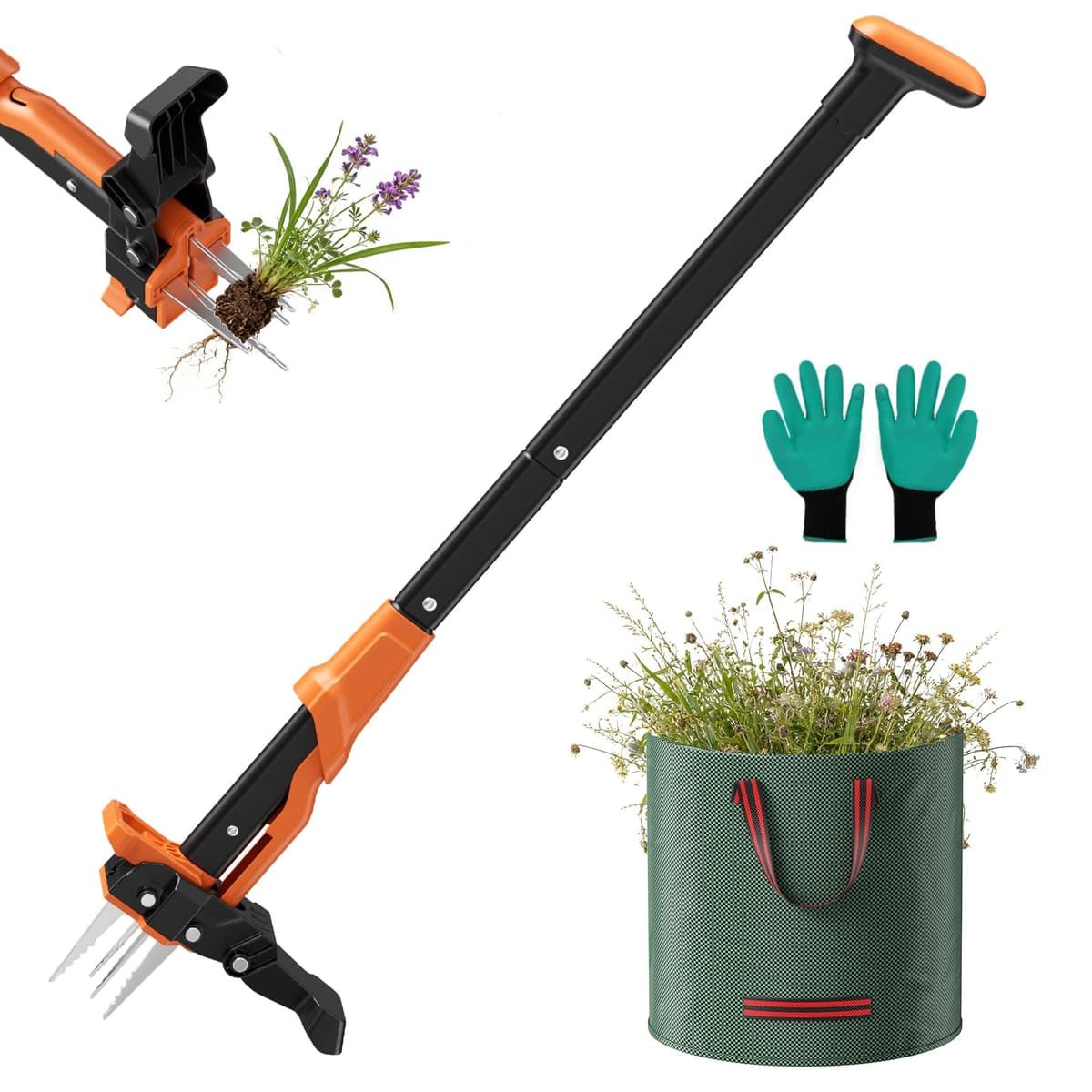 Weed Puller with 60L Garden Bag, Length 100cm, with 4 Strong Claws, Garden Tool for Lawn, Patio, Garden