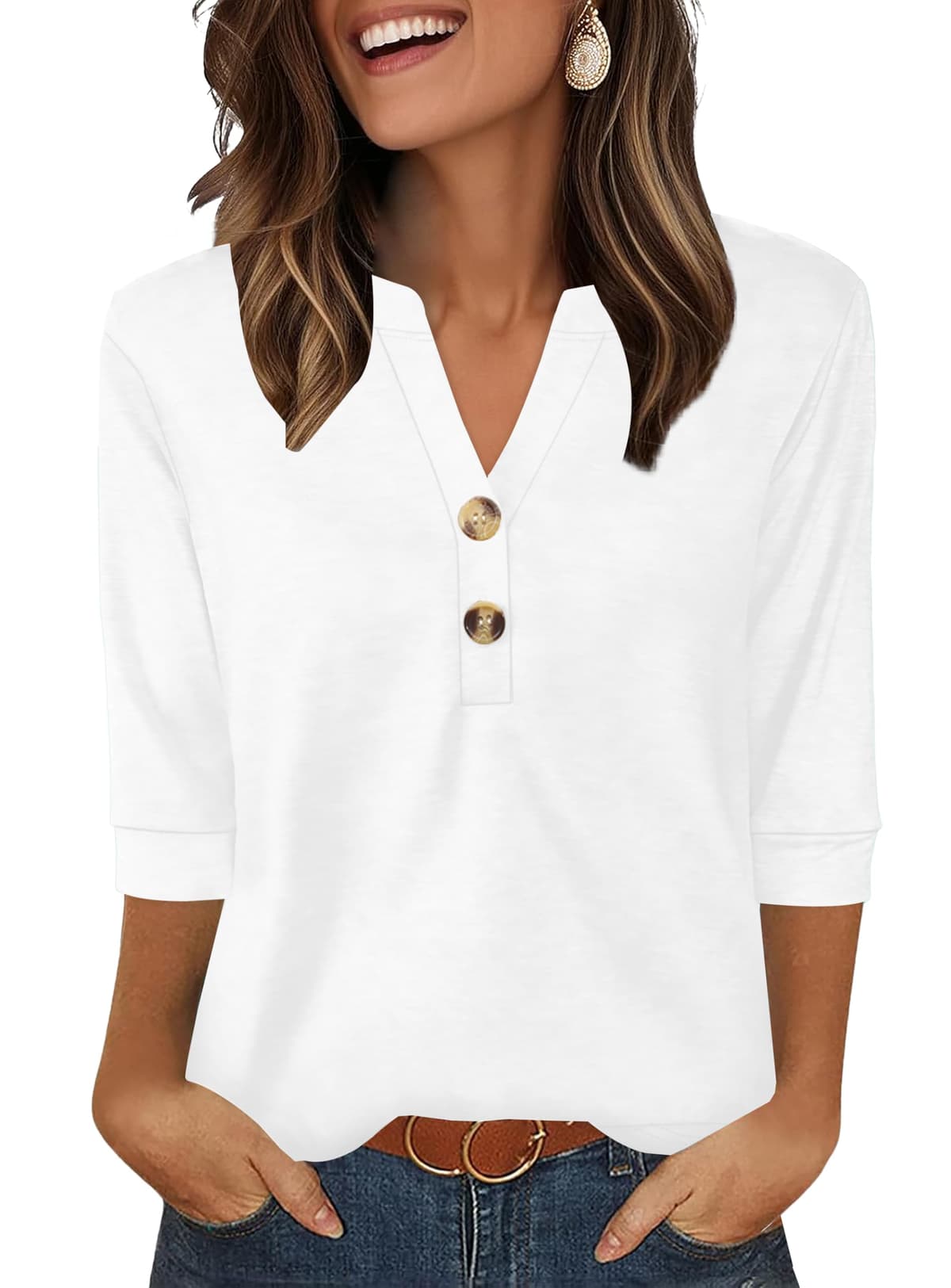 Aokosor Womens 3/4 Sleeve Tops Ladies Blouse V Neck Tunic Long Sleeve T Shirts Curved Hem Office Wear