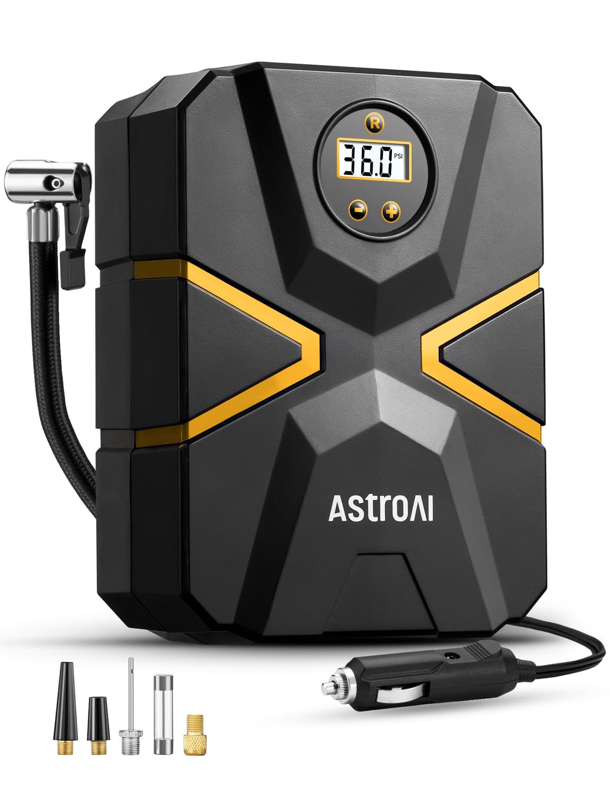 AstroAI Tyre Inflator Air Compressor 12V DC, Car Accessories Digital Tyre Pump 150 PSI, Preset Tyre Pressure & Auto Shutoff, Electric tyre Pumps for Cars Motorcycles Bikes (Black&Yellow)