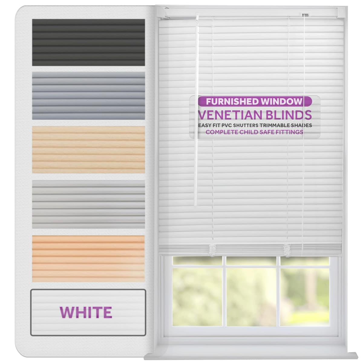 FURNISHED Venetian Blinds Window Venetian Blind Easy Fit PVC Shutters Trimmable Shades for Home Kitchen Windows Treatment Shutters 25mm Slats Complete Child Safe Fittings - White 75W x 150L cm