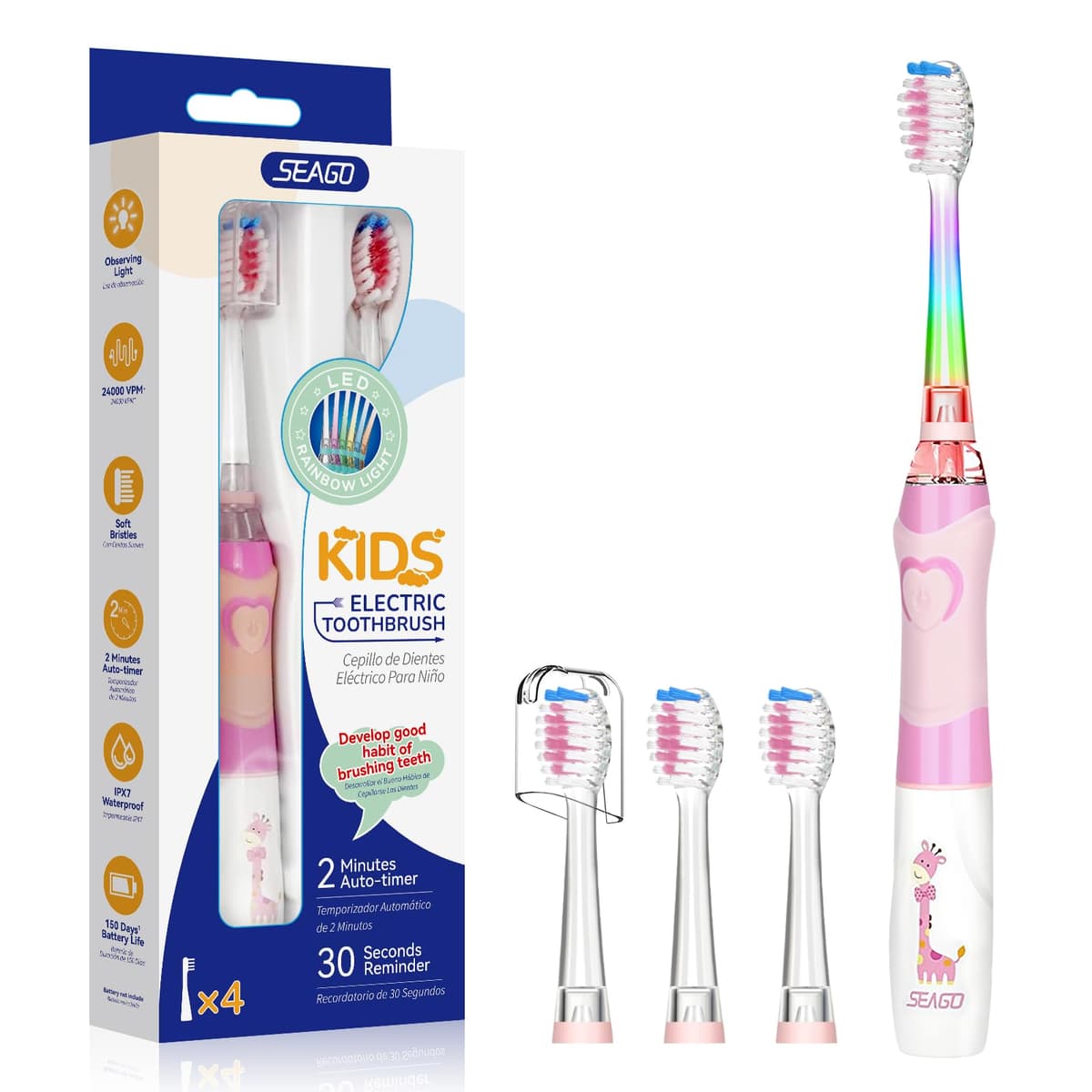 Seago Cepillo de Dientes Infantil Eléctrico Para Niños 3–12 Años Kids Con Luz de Colores,Temporizador Inteligente de 2 minutos,4 Cabezales Suaves SG-EK6/SG-977 (Rosa)