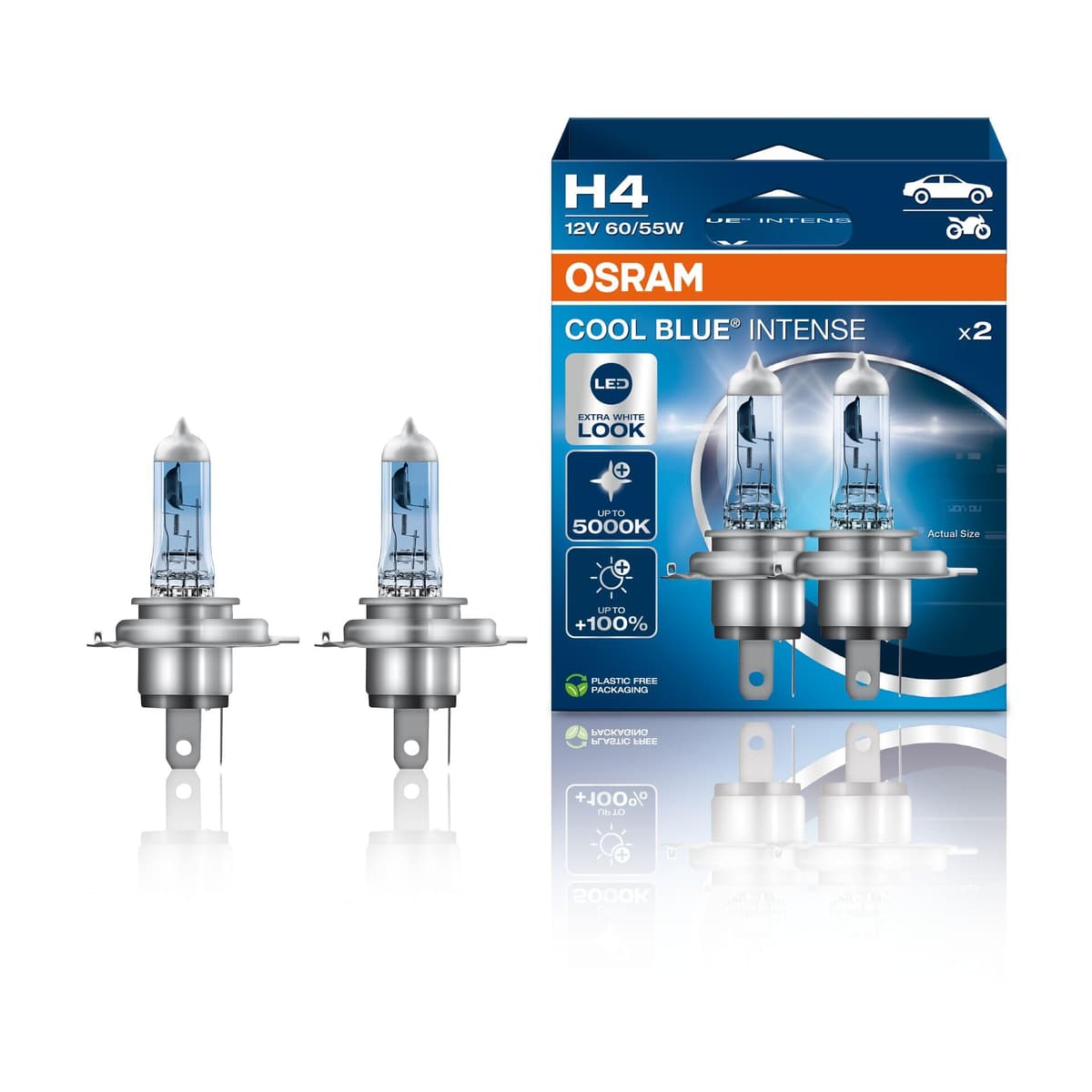 OSRAM COOL BLUE INTENSE H4, +100% más de brillo, hasta 5.000K, lámpara de faro halógena, aspecto LED, caja plegable colgante (2 lámparas) 2 Lamps H4
