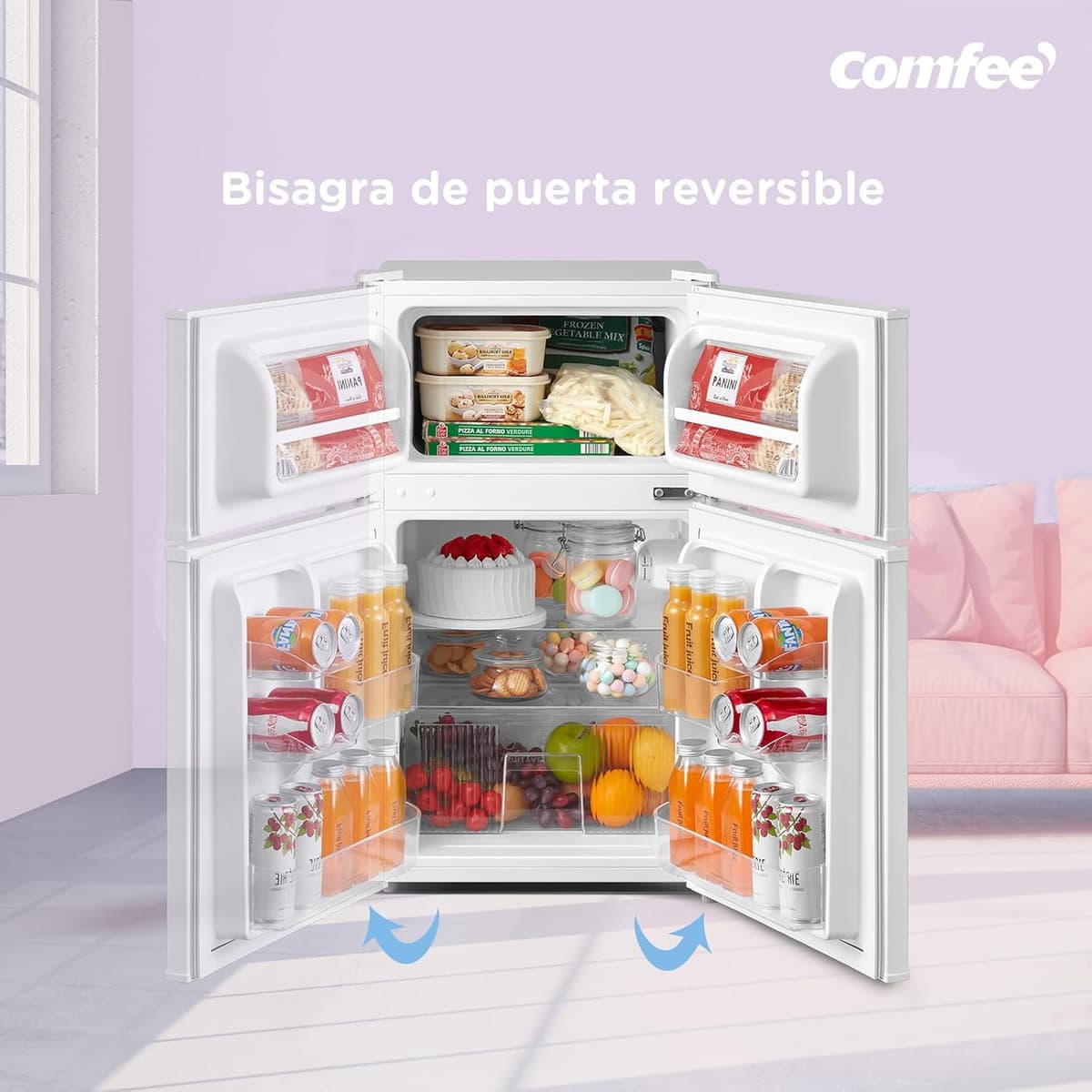 Comfee' RCT87WH2(E) Nevera Congelador de Encimera, Nevera Pequeña de 87L con Luz, Estantes Extraíbles, Termostatos Ajustables, Puertas Reversibles, Blanca