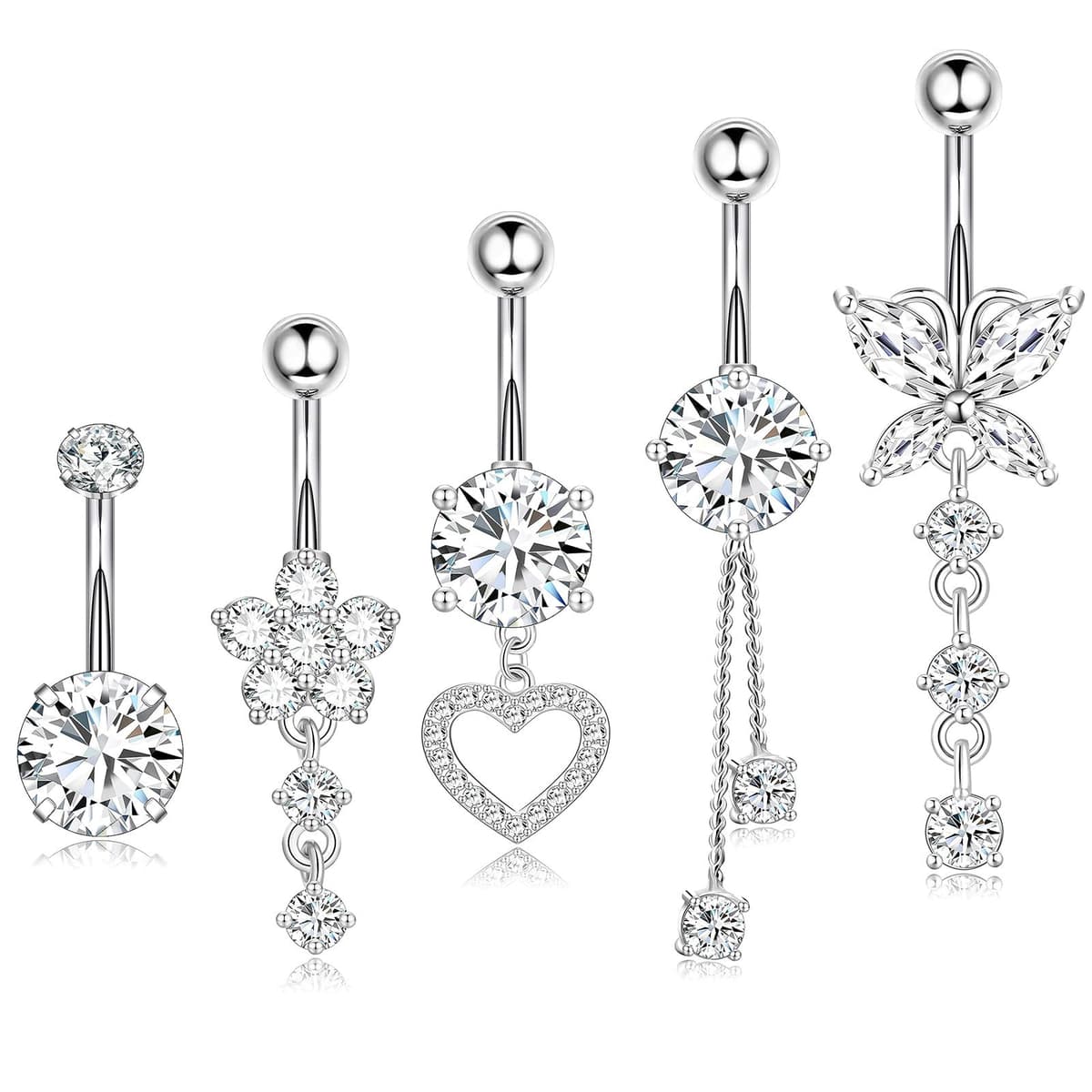 hautllaif 5pcs Belly Button Bars Sterling Silver,Belly Bar 14G Navel Bars,Dangly Belly Button Piercing Jewellery